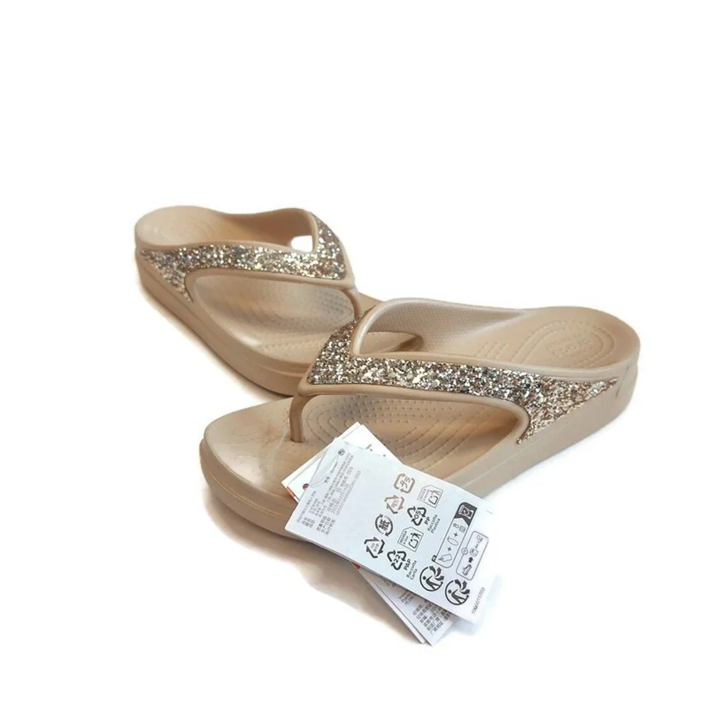 CROCS Womens Sz 10 Sloane Glitter Wedge Flip Flops Lightweight Sandals Chai Gold - Picture 5 of 10